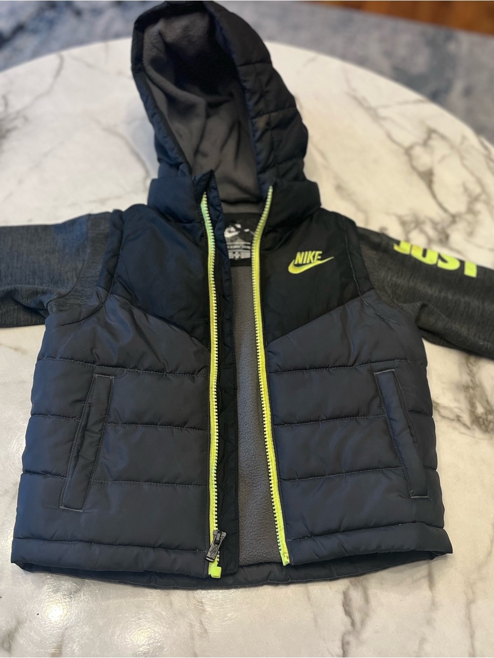 Nike Kids Black Puffer Jacket with Neon Yellow Accents